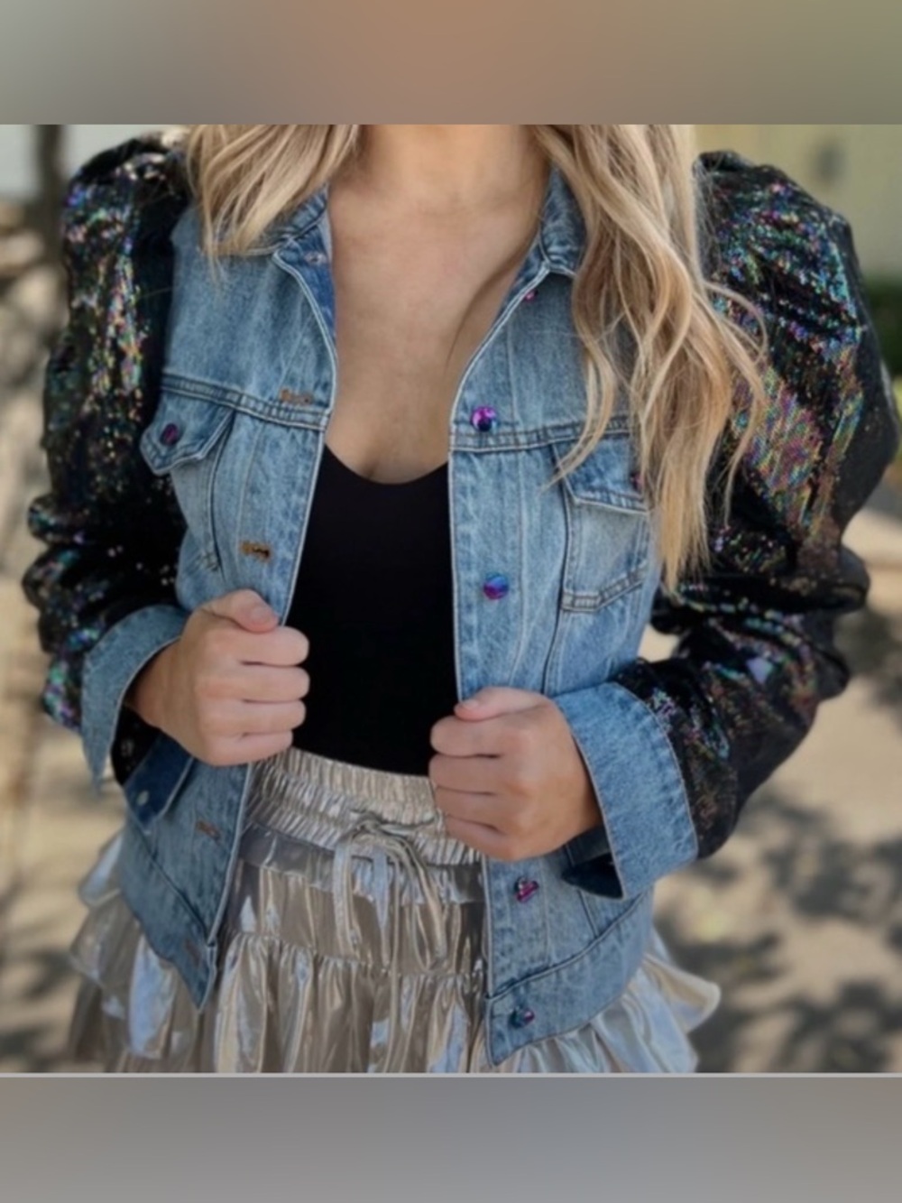 New! QUEEN OF SPARKLES Denim Jacket with Black Sequin Puff Sleeves - Picture 3 of 10